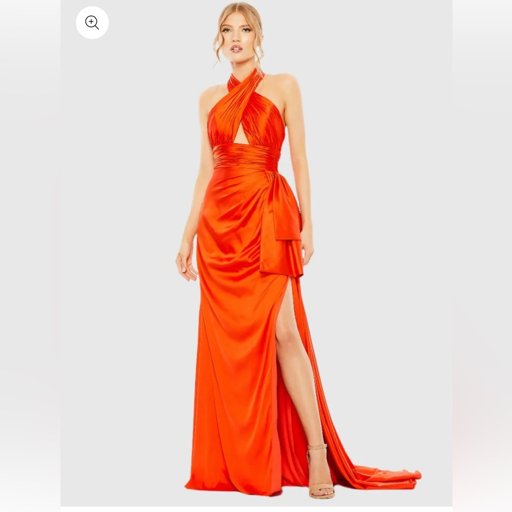 NEW Mac Duggal Orange Halter Neck Ruffle Slit Side Gown, Size 4